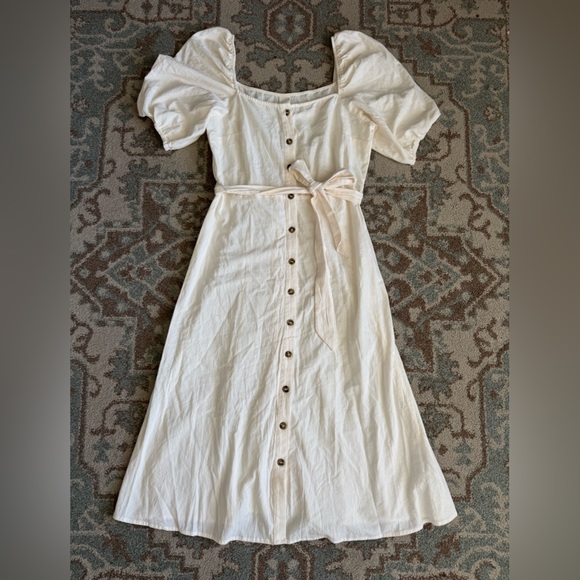 H&M Dresses & Skirts - H&M Cream White Button Up Puff Sleeve Tie Waist Maxi Dress Size M